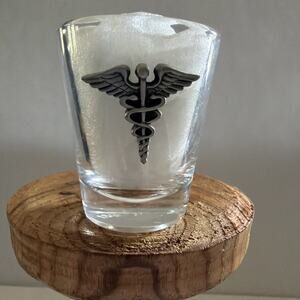 Shot Glass Pewter Caduceus Medallion Clear Glass Medical Insignia New Gift